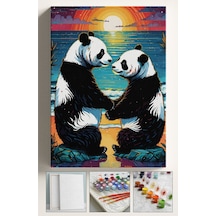 Sayılarla Boyama Çerçeveli Hobi Seti Numaralı Tuval Fırça Boya Dahil Kasnaklı 40x50 Cm Pandalar