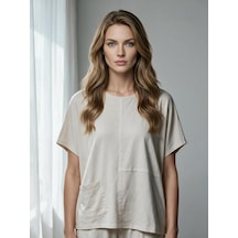 Nealirsanall.com Salaş Kesim Tek Cepli Kısa Kollu Penye Tunik T-shirt Bej