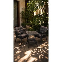 Small Raddan 1+1 Bistro Set Minderli 2 Kişilik Raddan Oturma Grubu Camlı Sehpa Bahçe Balkon Teras Set Antrasit