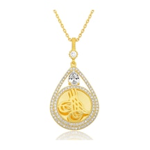 925 Ayar Gümüş Gold Kaplama Damla Tuğralı Kadın Kolye Çok Renkli