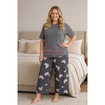 Lady Gri Renk, Çiçek Desenli 10739 Pamuklu Büyük Beden Kapri Anne Pijama Takımı Gri - Pembe