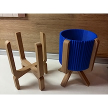 3d Baskı Ayaklı Çizgili Saksı - Bej Standlı Dekoratif Saksı - Mavi Çok Renkli