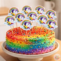 Unicorn Gökkuşağı Pasta Süsü 25 Adet Doğum Günü, Parti Ve Cupcake Kürdan Çok Renkli