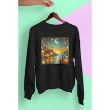 Magors Stıl-x Sevimli Kediler Baskılı Unısex Bisiklet Yaka Oversize Sweatshırt Siyah