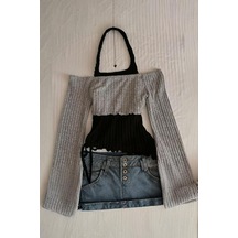 Gri Boyundan Bağlamalı Omuz Açık Y2k Uzun Kollu Crop-18329 Gri