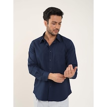 Dufy Lacivert Erkek Regular Fit Düz Brent Yaka Uzun Kol Gömlek - 88189 Lacivert