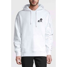 Siyah Beyaz Siyah At Gri Baskılı Beyaz Erkek Kapşonlu Sweatshirt