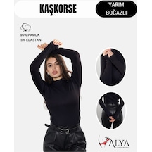 Kaşkorse Yarım Boğaz Body Sweatshirt, Fitilli Kumaş, Likralı, Bordo SIYAH