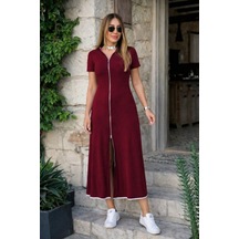 Efnaz Style Kadın Kısa Kollu Yakası Açık Önden Fermuarlı Kiloş Midi Viskon Elbise Bordo