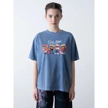 Zekids Kız Çocuk Ayıcık Baskılı Oversize T-shirt-15808 Mavi