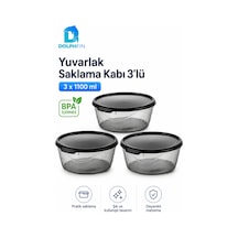 3 Lü Yuvarlak Saklama Kabı Seti 3x1,1 Litre Füme Şeffaf Siyah Kapaklı Bpa İçermez