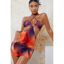 Kadın Turuncu Batik Desenli Mini Plaj Elbisesi 001
