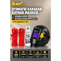 İkon Tools Otomatik Kararan Kaynak Maskesi Tıg Mıg Mma Plazma Uyumlu Dın 4-9/13 + Kaynakçı Eldiveni + 404 Gazaltı Kaynak Spreyi 400 Ml - 3 Lü Kaynak Seti