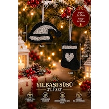 Taşlı Keçe Yılbaşı Süsü 2 Li Set Çift Taraflı Işıltılı Dekor 4 Renk Seçenekli Siyah