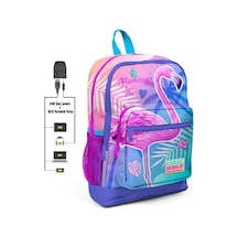 Coral High Pembe-mavi Flamingo Baskılı İlkokul ve Günlük Sırt Çantası USB ve AUX Soketli