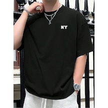 Ny Yazı Süprem T-shirt - Siyah Baskılı Oversize Bisiklet Yaka Tişört Siyah