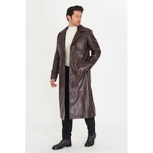 M M Marki Marki Erkek Hakiki Deri Trençkot Kahverengi, İngiliz Yaka, Düğme Kapamalı, 130 Cm, 4 Cepli - 506822