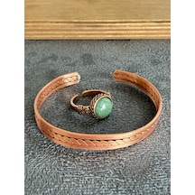 El İşi Bakır Bileklik Ve Doğal Taşlı Yüzük Kombini, Ayarlanabilir Ölçü Rose Gold