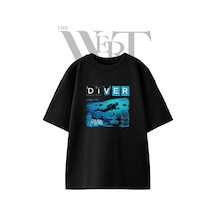 Thewert Diver Tasarım Baskılı Ünisex Siyah Oversize T-shirt