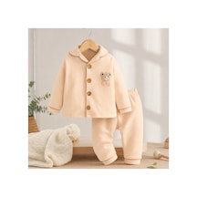 Bebelove Erkek Bebek Bej Düğmeli Ayıcık Nakışlı 2'li Pijama Takım