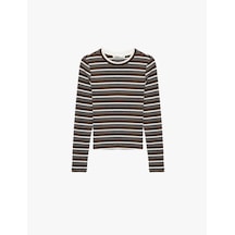 Koton Slim Fit Uzun Kollu Bisiklet Yaka Çizgili Tişört Kahverengi Çizgili 6sak80111ek Kahve Çizgili