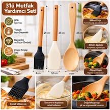 3 Lü Mutfak Gereçleri Seti Ahşap Saplı Silikon Fırça Spatula Kaşık Açık Bej
