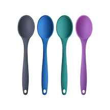 Silikon Büyük Boy Kaşık Seti, Yanmaz Yapışmaz, Çok Renkli - Antrasit, Mavi, Yeşil, Mor - 27 Cm, 4 Adet Set, Bpa