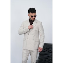 Dupont Classics Dupont Slim Fit Sivri Yaka 6 Drop Çift Yırtmaç Çizgili Viskon Kruvaze Erkek Takım Elbise Krem