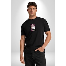 Anime Demon Slayer Kimetsu No Yaiba Mitsuri Kanroji Siyah Oversize Unisex Ön Orta Minimal Baskılı Tişört Siyah
