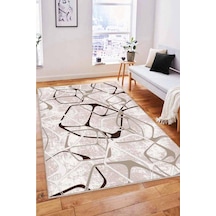 Bej Geometrik Kaymaz Tabanlı Makinede Yıkanabilir Halı Lk006n11