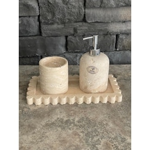 Dekoratif Tepsili Traverten 3'lü Banyo Takımı Beyaz
