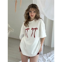 Uyguntarz Unisex Çift Kurdele Tasarım Basklı Tshirt Beyaz