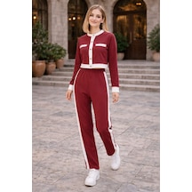 Şerit Detaylı Düğmeli Üst Pantolon 2 Li Kadın Takım Spor Şık Bordo