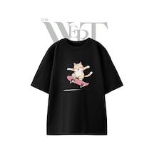 Thewert Cat Skateboard Tasarım Baskılı Ünisex Siyah Oversize T-shirt