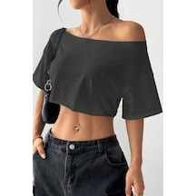 Kadın Antrasit Kayık Yaka Oversize Crop T-shirt Antrasit