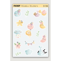 Sevimli Hayvanlar Sticker Seti - 14 Adet Etiket Çıkartma Çok Renkli