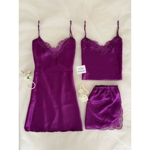 Mh Moony Homewears 3'lü Saten Mor Yakut Mor