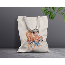Bk Gift Kişiye Özel Sevgililer Karikatürlü Kanvas Bez Çanta, Baskılı Omuz Çantası, Alışveriş Çantası, Plaj Çantası, Sevgiliye Hediye-39 Haki