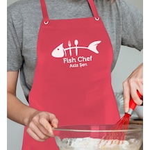 Bk Gift Kişiye Özel Balık Şef Kırmızı Profosyonel Önlük - 1, Aşçı Önlüğü, Şef Önlüğü, Babaya