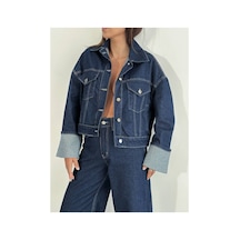 Zdnjeans W1910 Kolu Katlamalı Lacivert Crop Denim Ceket