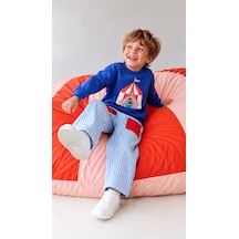 Elzo Collection Erkek Çocuk Sirk Baskılı Sweatshirt Çizgili Cep Detaylı Pantolon 3iplik Kumaş Alt Üst Takım Açık Mavi - Lacivert