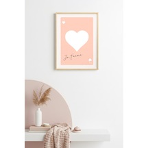 Doğal Ahşap Çerçeveli Retro Kalp Je T'aime Tablo - Romantik Pastel Tonlar Huhu2372