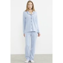 Sementa Düğmeli Gömlek Model Pijama Takım - Mavi Mavi Sementa Düğmeli Gömlek Model Pijama Takım - Mavi Mavi