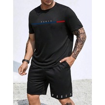 Unisex Oversize Paris Çizgi Baskılı Siyah Bisiklet Yaka T-shirt Şort Siyah