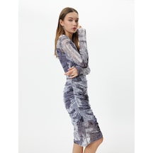 Koton Tül Kalem Elbise Midi Boy Soyut Desenli Uzun Kollu Yuvarlak Yaka Astarlı Drape Detaylı Mavi Desenli 4sal80084ık 4SAL80084IK6D2
