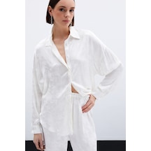 Sateen Jakarlı Saten Gömlek - Ekru-136040 Ekru
