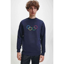 Olumpiyat Baskılı Indigo Mavi Erkek Örme Sweatshirt