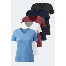 Slazenger Perıcas 5 Li Set Kadın Tişört Ekru - Siyah - Koyu Gri - Bord
