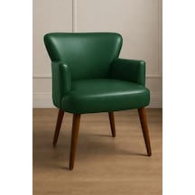 Waterybrook Tekli Berjer Koltuk - Suni Deri - Ceviz Ahşap Ayaklı - Modern Retro Tasarım - Ofis Ve Salon Koltuğu Yeşil
