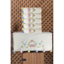 Çeyizlik 6'lı Renkli Ponponlu Çiçek Nakışlı El Yüz Havlusu Seti 50x90 Cm Krem